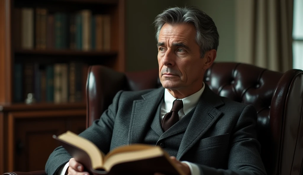 A middle-aged man with a serene and contemplative expression. He has short, dark, slightly graying hair and wears a classic 1930s suit with a discreet tie. Cayce is seated in a vintage-looking chair in a setting reminiscent of an old-fashioned office, with books and papers in the background. The soft, diffuse lighting highlights his face, conveying an aura of wisdom and introspection. In one hand, he holds an open book, symbolizing his psychic knowledge and abilities. The scene has a nostalgic and mysterious tone, reflecting the enigmatic nature of his predictions and readings.