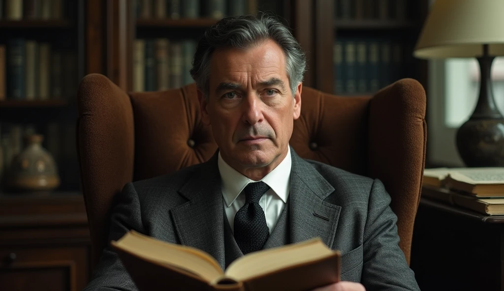 A middle-aged man with a serene and contemplative expression. He has short, dark, slightly graying hair and wears a classic 1930s suit with a discreet tie. Cayce is seated in a vintage-looking chair in a setting reminiscent of an old-fashioned office, with books and papers in the background. The soft, diffuse lighting highlights his face, conveying an aura of wisdom and introspection. In one hand, he holds an open book, symbolizing his psychic knowledge and abilities. The scene has a nostalgic and mysterious tone, reflecting the enigmatic nature of his predictions and readings.