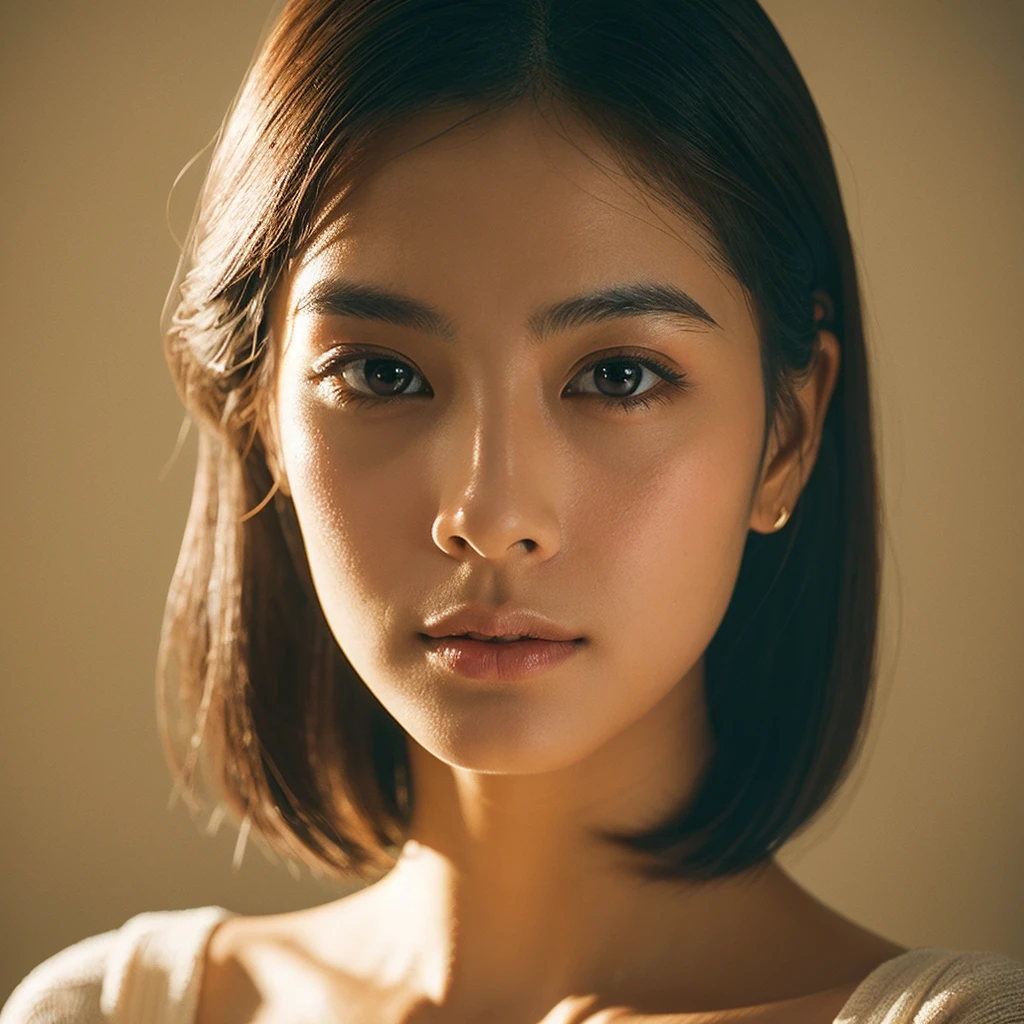 A hyper-realistic image of a single Japanese woman in her early 20s, captured with the rich, nostalgic warmth and pronounced graininess of a film camera. Her skin has a warm beige tone with a natural, slightly rough texture that includes visible pores, fine lines, and subtle imperfections such as small blemishes, enhancing the authenticity of her appearance. The skin texture is deliberately less smooth, with a slight coarseness that mimics the natural variations in real skin, especially when captured on film. The soft, diffused natural light is complemented by the distinctive film grain, creating gentle shadows that lend the image a timeless, organic feel. Her straight, glossy black hair frames her face naturally, and her deep brown eyes reflect the ambient light with a softness characteristic of classic film photography. The film camera effect is further accentuated with a stronger grain and a slight vignette, adding to the overall nostalgic atmosphere while maintaining the realistic texture of her skin. The colors are subtly muted, with warm tones that evoke the aesthetic of vintage film. She is dressed simply, in a way that complements her natural beauty, with the composition designed to evoke a sense of genuine, understated elegance. The enhanced film-like qualities, combined with the natural light and the deliberately coarser texture of her skin, ensure that this image captures the imperfections that make her beauty truly lifelike, focusing solely on this one individual.