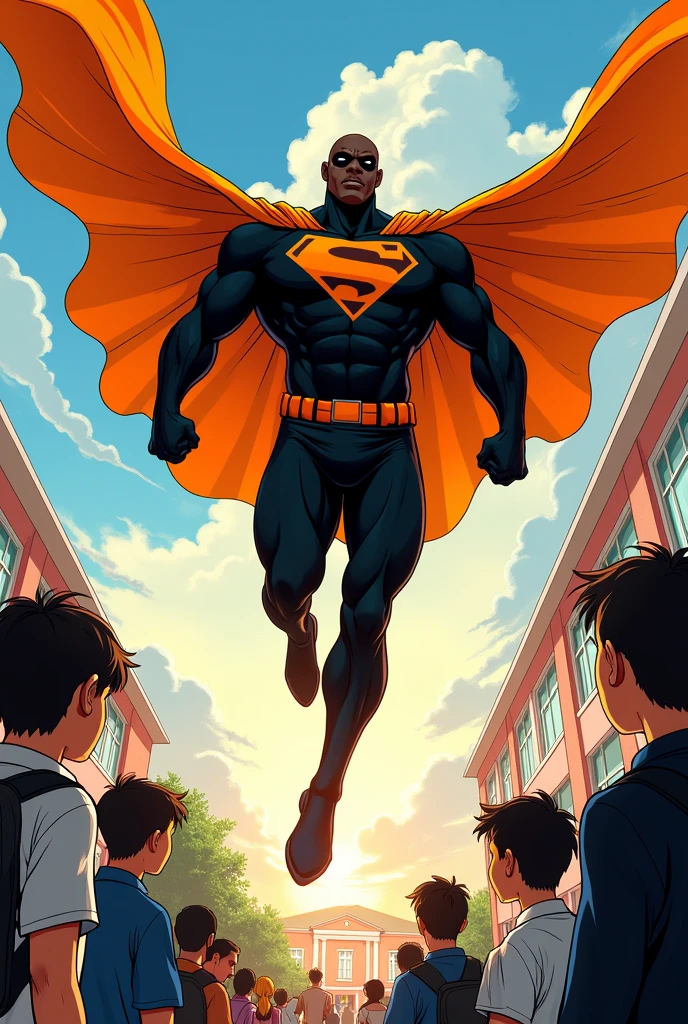 Create a comic of a black and orange superhero called Super Kolping arriving at a school