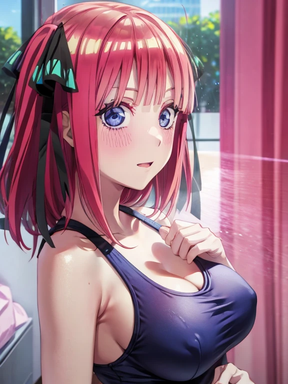 best quality, insanely detailed, nino nakano, breasts, blush, bedroom background, looking at viewer, cheerful eyes,arousal, one-piece swimsuit,add_detail:1.0