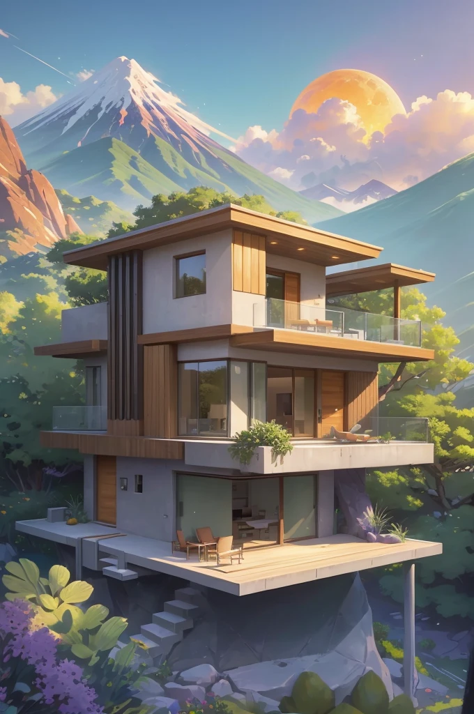 small and beautiful modern house in top of big boulders, terraces, pool, stairs, multiple cacti gardens, palms, trees, rocks, beautiful landscape design, mountains and volcano y background, amazing clouds, sun, moon, planets, milky way galaxy, concrete, wood, glass and steel materials, olive green, violet, orange and withe colors in facade