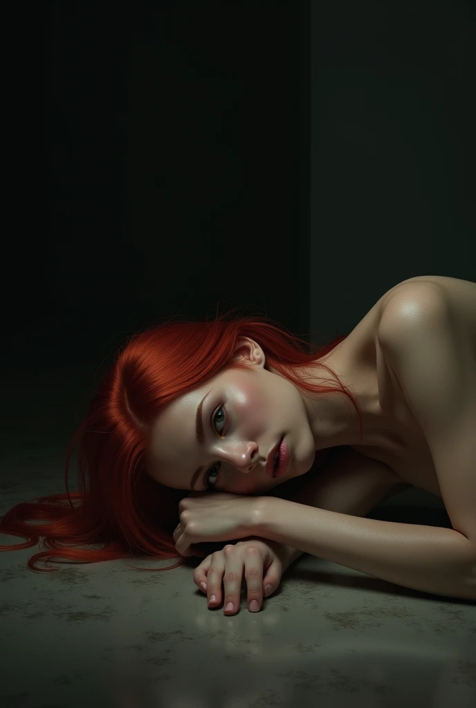 , Red hair, lying on the floor in a dark place, Unclothed, emotionally married expression