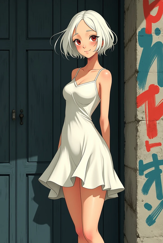 Ghibli style image of a 24 year old albino woman, with short white dress, Red eyes, Long hair, smiling. She also has strong thighs.
The background of the image is a black wall, with a graffiti that says: New Moon Village