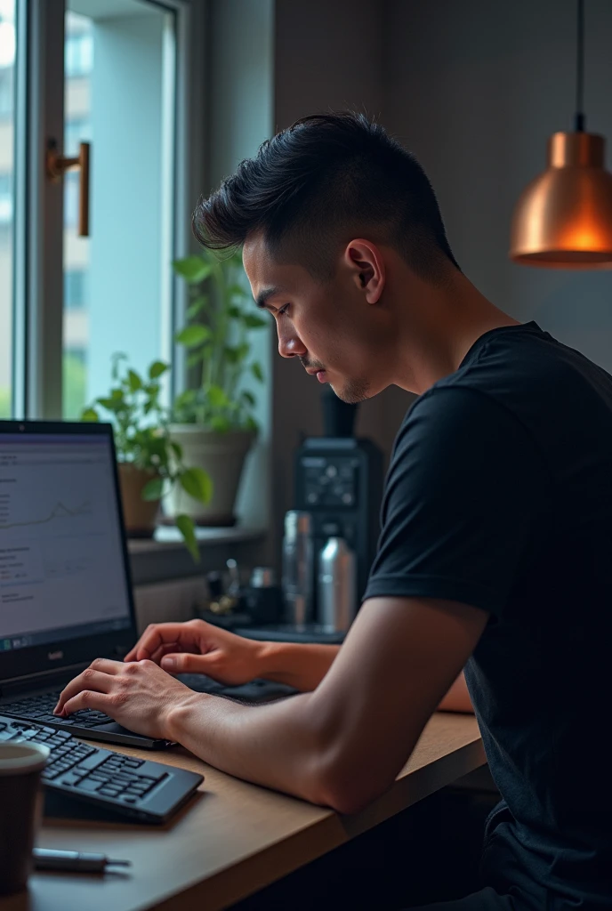 A short-haired IT expert wearing a black t-shirt is working in his room and there are three laptops on his desk., a cup of coffee, and vape.