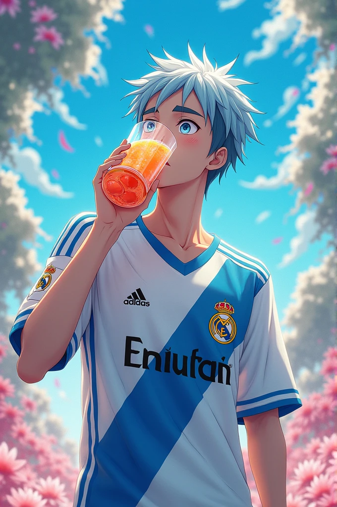 Create an image of Satoru Gojo drinking juice wearing a Real Madrid shirt