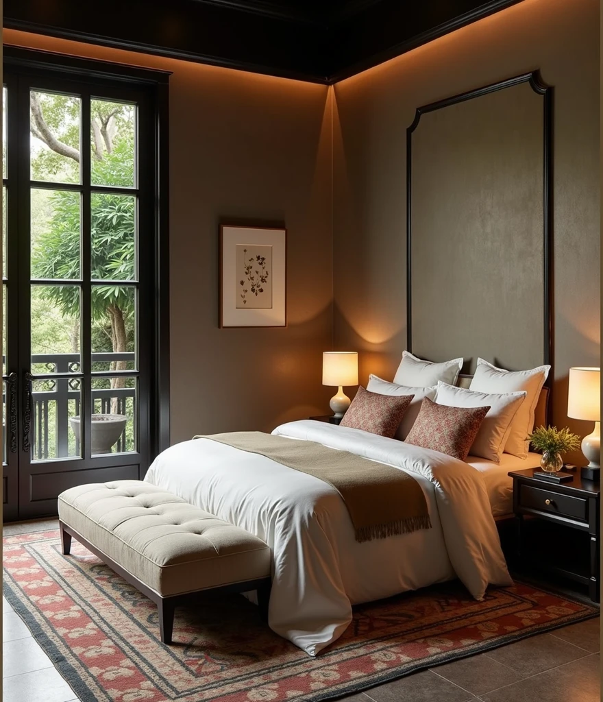 Indochine bedroom interior design, bedroom with bed, lamp, carpet, pillow, couch, encaustic tiles, black wood furniture, picture frame, daytime, 8k uh, DSLR, soft light, high quality, film grain, Fujifilm XT3