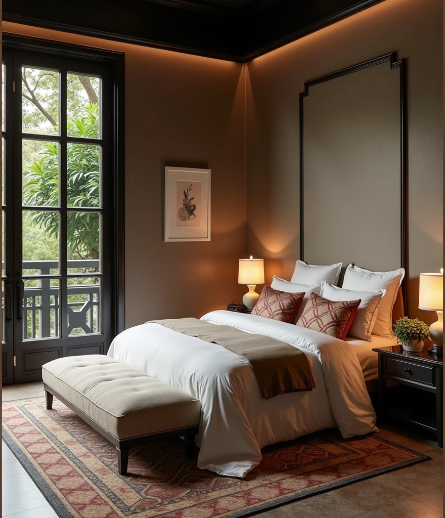 Indochine bedroom interior design, bedroom with bed, lamp, carpet, pillow, couch, encaustic tiles, black wood furniture, picture frame, daytime, 8k uh, DSLR, soft light, high quality, film grain, Fujifilm XT3