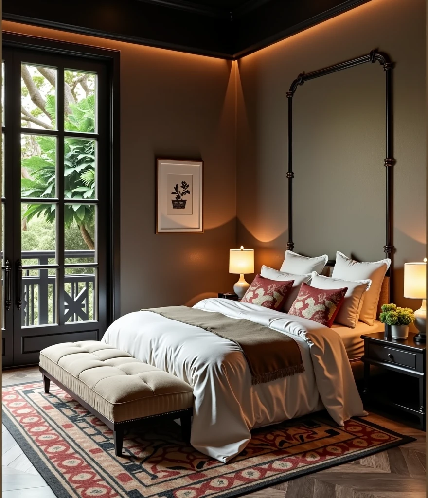 Indochine bedroom interior design, bedroom with bed, lamp, carpet, pillow, couch, encaustic tiles, black wood furniture, picture frame, daytime, 8k uh, DSLR, soft light, high quality, film grain, Fujifilm XT3