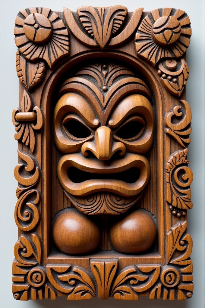 Wooden pendant representing a Kanak doorframe merged with a tiki