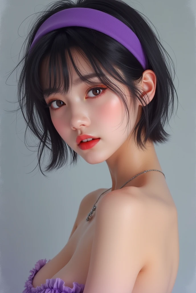 Realistic Kpop girl with short hair and a purple headband. She is naked showing off her beautiful naked body