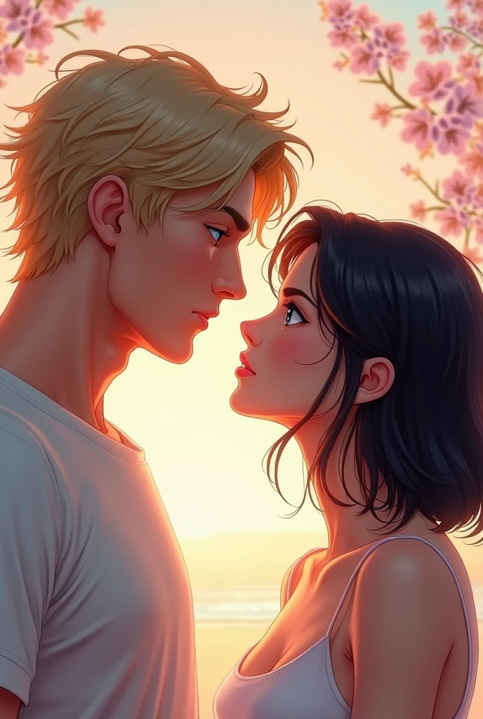 Imagine a cover in pastel tones, I want my protagonists to appear on the cover, looking at each other face to face, straight into the eyes, that your gaze expresses love and desire.
A man with blond hair, disordered, Blue eyes that look piercingly, of tall stature, marked jaw, prominent and masculine features. WITHOUT BEARD A woman with shoulder-length, semi-wavy black hair, dark brown eyes, with fine and elegant features.