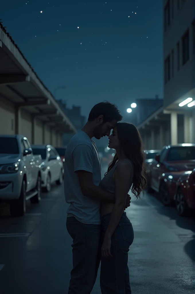 a man hug a girl from her back at car park in night background