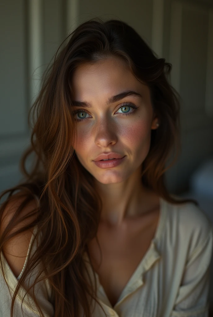 16:9 photograph, taken with a cell phone at a distance that shows the entire body, She is very young, At home in her bedroom, Normal night clothes, sad about lost love, long brown hair, a softened ironic smile - restrained excited happiness, soft lighting on the face, realistic skin-clothes-hair textures, carpeted sky-blue-fog eyes, beautiful real textures and delicate aesthetics, full body view, notable for natural feminine beauty, noise, 8k quality, RAW PHOTO, by professional photographer, rule of thirds, extremely detailed