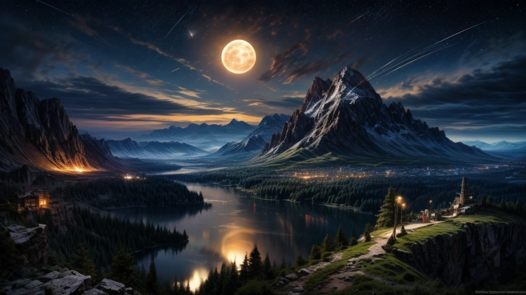 (Logo, Amazing, 8K, Tabletop, Raw Photo, Amazing, Top Quality, Photorealistic and Highly Detailed, CG, High Quality, Highly Detailed, Narrative Verse, Particle Effects, Dynamic Effects, Text Border the depth, cinematic lights, flares, raytracing, tabletop, realistic, ultra HD, fantasy), the wind, the beauty and brilliance of dramatic mountains and rich forests, the serenity and beauty of the world's beautiful grasslands and vast panoramas, glowing clear deep Lake, wonderful scenery, beautiful natural scenery, night, starry sky, constellation, feint huge full moon, space, gorgeous, view, clear water, wonder, fantastic, meteor, magic, best illumination, best shadow