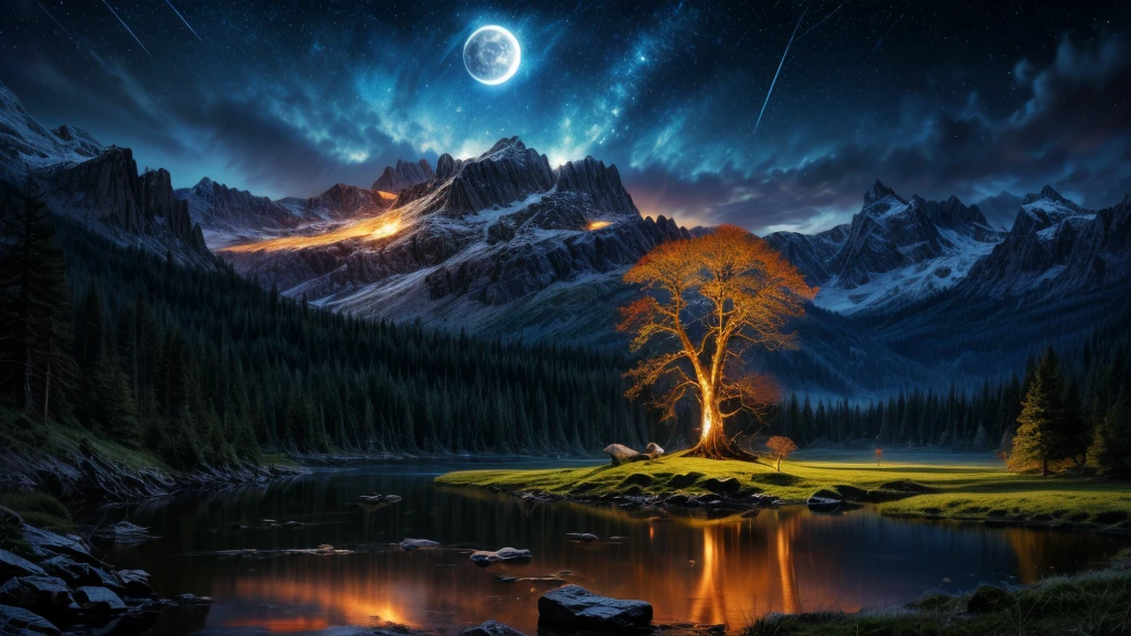 (Logo, Amazing, 8K, Tabletop, Raw Photo, Amazing, Top Quality, Photorealistic and Highly Detailed, CG, High Quality, Highly Detailed, Narrative Verse, Particle Effects, Dynamic Effects, Text Border the depth, cinematic lights, flares, raytracing, tabletop, realistic, ultra HD, fantasy), the wind, the beauty and brilliance of dramatic mountains and rich forests, the serenity and beauty of the world's beautiful grasslands and vast panoramas, glowing clear deep Lake, wonderful scenery, beautiful natural scenery, night, starry sky, constellation, feint huge full moon, space, gorgeous, view, clear water, wonder, fantastic, meteor, magic, best illumination, best shadow