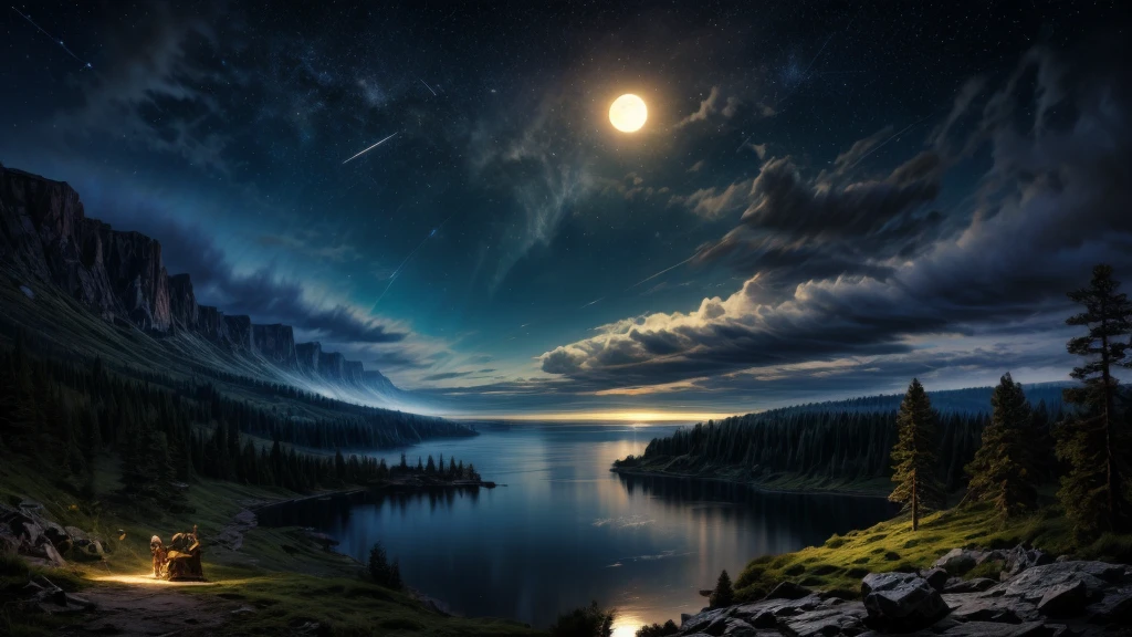 (Logo, Amazing, 8K, Tabletop, Raw Photo, Amazing, Top Quality, Photorealistic and Highly Detailed, CG, High Quality, Highly Detailed, Narrative Verse, Particle Effects, Dynamic Effects, Text Border the depth, cinematic lights, flares, raytracing, tabletop, realistic, ultra HD, fantasy), the wind, the beauty and brilliance of dramatic mountains and rich forests, the serenity and beauty of the world's beautiful grasslands and vast panoramas, glowing clear deep Lake, wonderful scenery, beautiful natural scenery, night, starry sky, constellation, feint huge full moon, space, gorgeous, view, clear water, wonder, fantastic, meteor, magic, best illumination, best shadow
