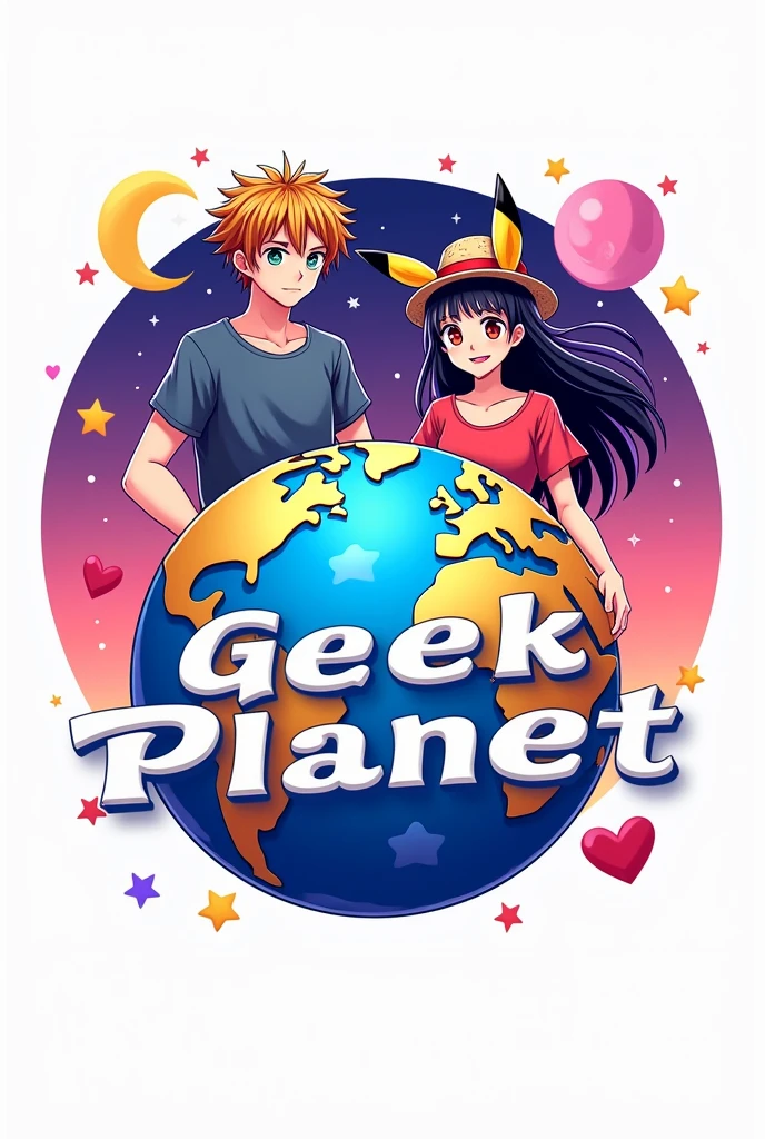 logo con un 🌎 en grande y de fondo, with stars, heart and a crescent moon (Pink and purple colors), en la parte de adelante del 🌎 una pareja anime de un chico de cabello ondulado y la chica de cabello largo negro con playeras y orejas de Pikachu o sombrero de paja (Luffy de one piece) and the name Geek Planet in the middle of the logo (with vivid colors throughout the image) WITH WHITE BACKGROUND