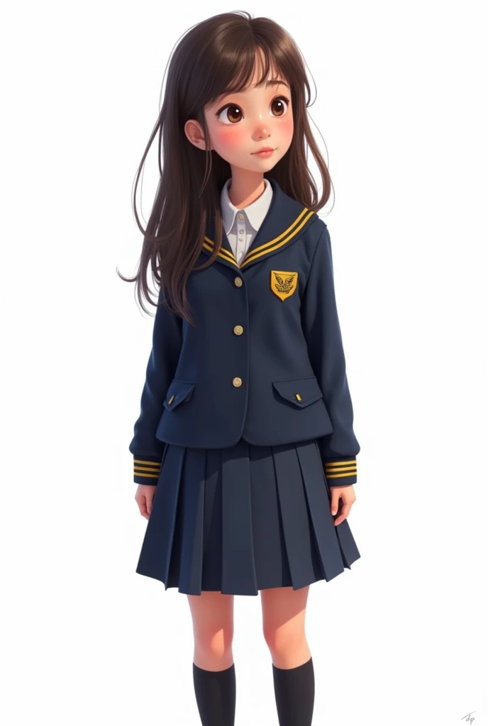 Girl in dark navy blue school uniform with mustard stripes, brown and black hair. semi realistic pixar style drawing full body and white background