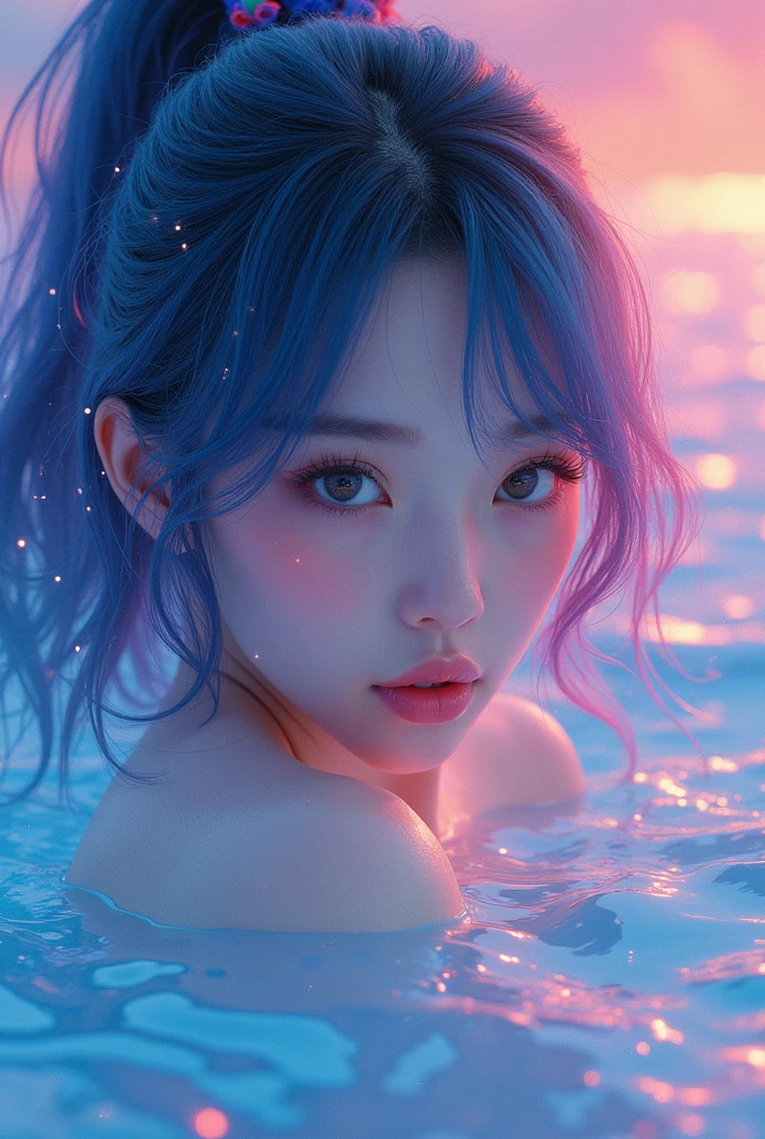 (Japanese girl:1.3), beautiful detailed eyes, beautiful detailed lips, extremely detailed eyes and face, long eyelashes, upper body, from side, looking at viewer, (fractal art:1.3), (rainbow color hair, colorful hair, half blue and half pink hair:1.2), water, liquid, cloud, colorful, starry, stars, (best quality, 4k, 8k, highres, masterpiece:1.2), ultra-detailed, (realistic, photorealistic, photo-realistic:1.37), vibrant colors, studio lighting, extremely detailed description, professional, concept art
