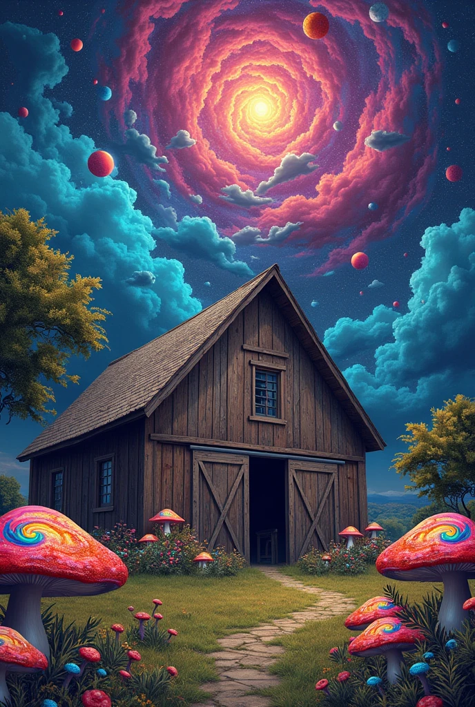 a BARN with a psychedelic mushroom garden and a psychedelic sky