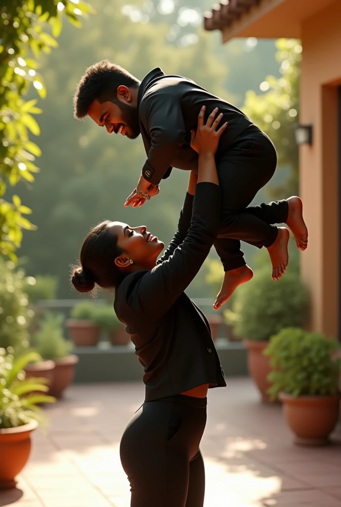 Beautiful Indian woman in black suit lifting a large chubby man high above her head with her strong arms. Photorealistic. At home terrace, natural smile