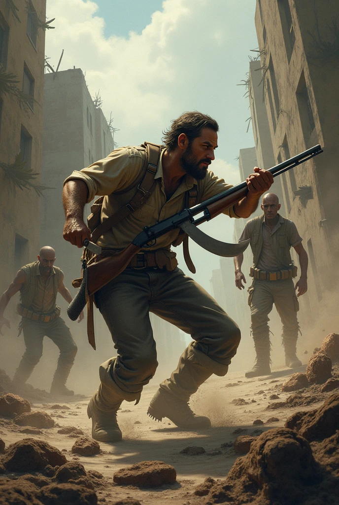 Create me an image of a man fighting zombies with a shotgun and machete in a post-apocalyptic world on an aerial view from behind