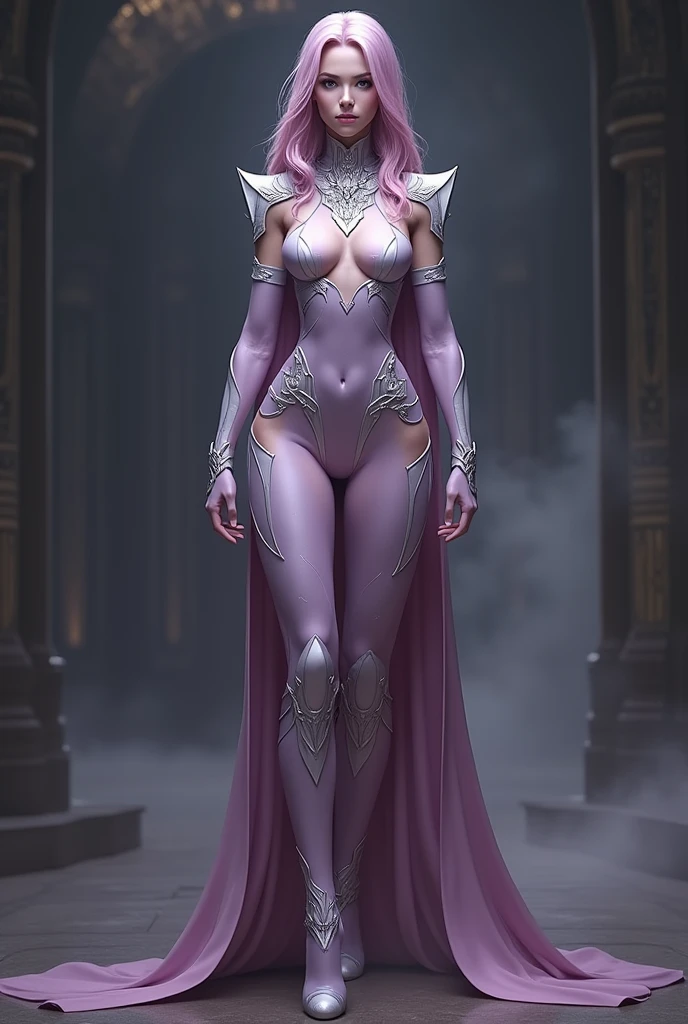 Heroine costume with lilac and gray colors from neck to foot