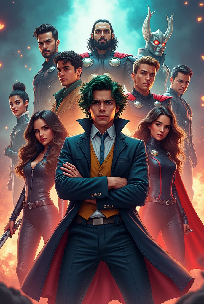 Make a POST Placing ALL the characters below spread across the image, one on top and others below with Léo Valdez in the middle, Mad Hatter from Alice in Wonderland, Cyborg, Joker Echo (Maya Lopez)
Jason Grace
Leo Valdez 
Loki
Nico di Angelo 
Piper McLean 
Professor Xavier 
Reyna Avila 
Toph 
Thor 