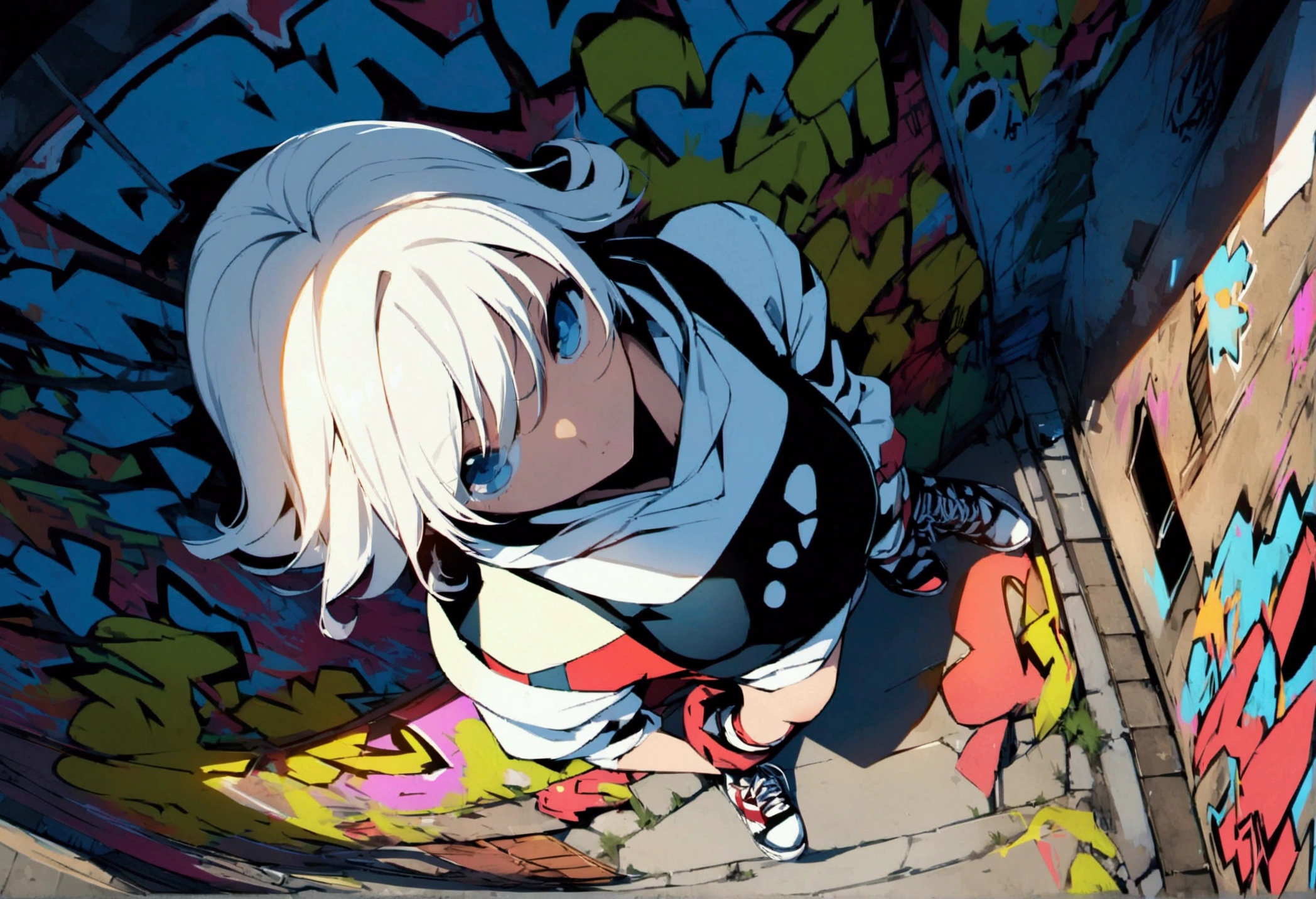 graffiti, sneakers , Full Image, High resolution、High contrast、White Hair、Panoramic view from above,