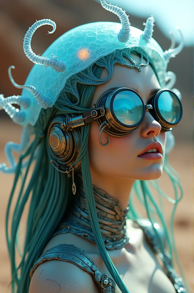 Ethereal Cyborg Woman, bioluminescent jellyfish tiara. Steampunk goggles merge with translucent tentacles. Cracked porcelain skin meets iridescent scales. Mechanical implants and delicate tendrils intertwine. Human characteristics with an otherworldly glow. Dreamy aquatic tones contrast with aged metal. Reflective eyes capture invisible worlds. Gentle bioluminescence meets a harsh desert landscape. Fusion of organic and synthetic, ancient and futuristic. Hyper-detailed textures, surreal atmosphere.