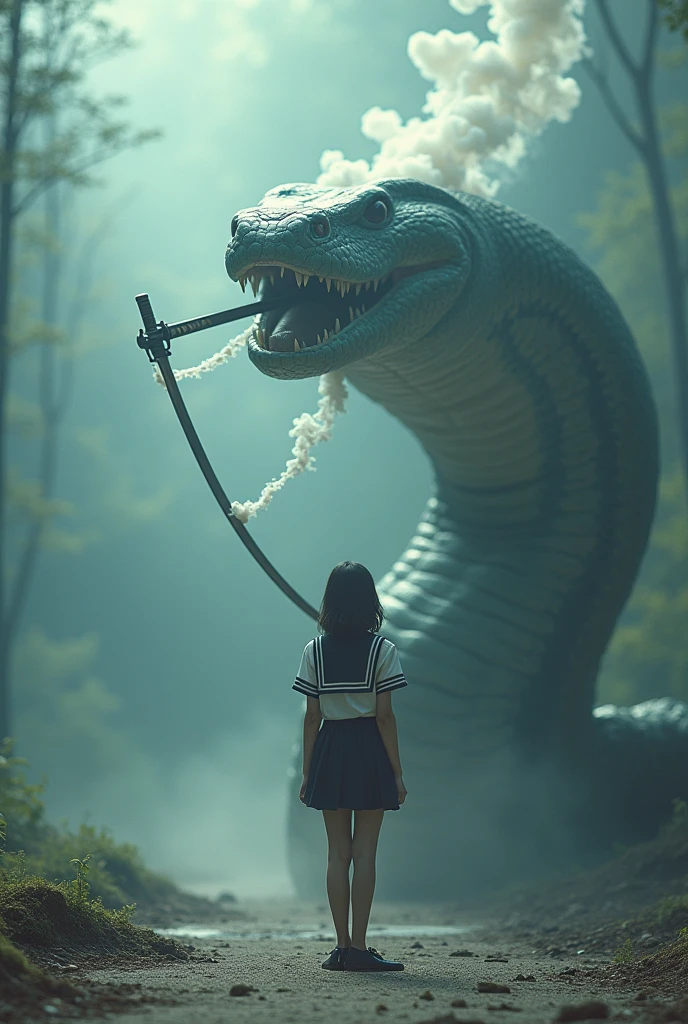 editorial photography,super detailed background,Super realistic,double exposure,depth of field,beauty super slender skinny vides,soft focus pure tone,narrative scene,White smoke rises from the blade of a long Japanese sword,the katana is stuck in big snake monster,girl beyond,sailor suit,
