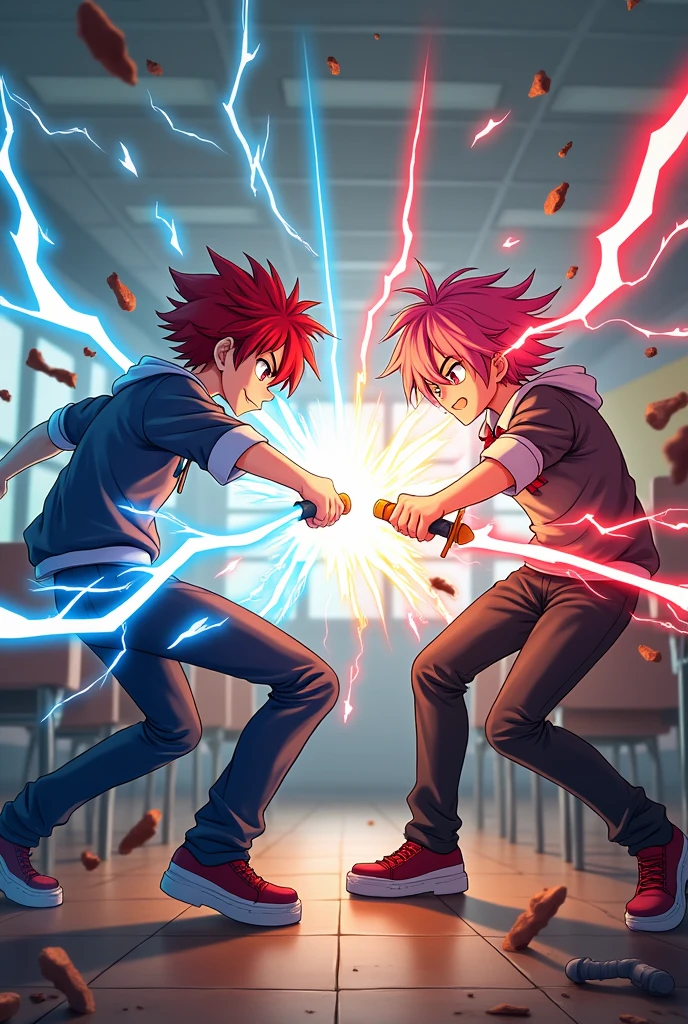 2 anime red and pink teenage boys are fighting and using lighting powers and swords at school and and hiting eachother