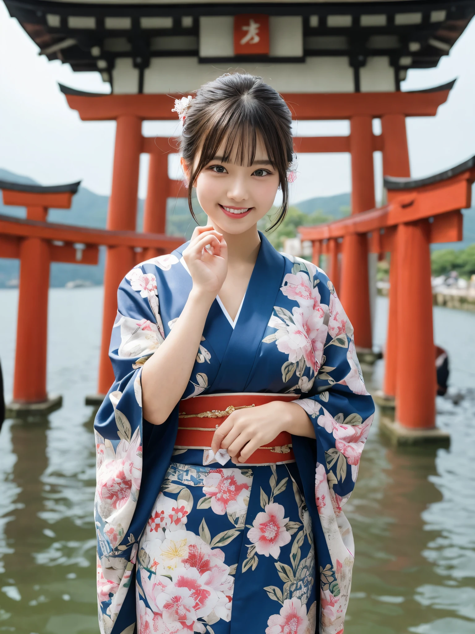 1girl, solo, highres, best_quality, masterpiece, detailed_background, intricate_details, beautiful, hiroshima, itsukushima_shrine, torii_gate, water_reflection, traditional_clothes, kimono, smile, looking_at_viewer, dynamic_pose, natural_pose, candid, happy