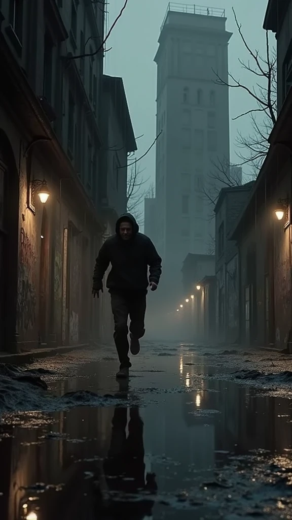 Dark alley, rainy, Running Man, Her expression of panic is reflected in puddles of water. The abandoned building is tall and gloomy, with broken windows and graffiti on the walls. realist 