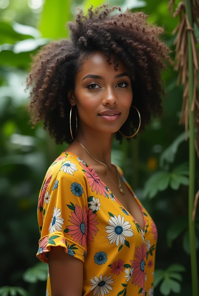 A Brazilian woman in a lush tropical garden, wearing an open shirt with a floral print, with a close-up capturing the harmonious beauty between her breasts and the natural flowers, showing off your natural charm and outgoing personality.