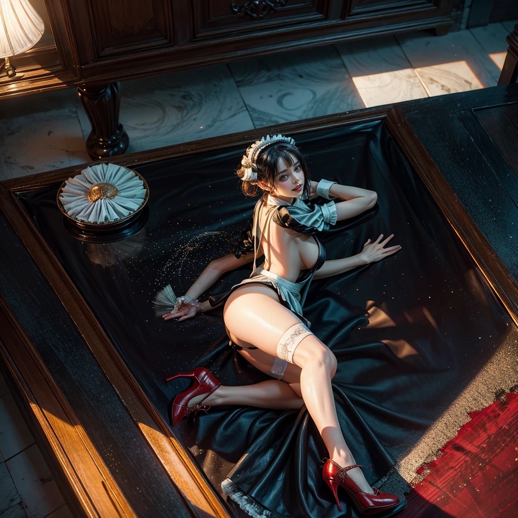 (Full Body of Extremely Detailed((12 Sexy Maid Group:1.4))), KAWAII perfect face, Reflective Eyes, Detailed(Delicate Clothing textures), Correct Stretchy graceful legs, Dynamic Joyful Expressions LifeLike Rendering, Specular Reflection, TopQuality 8K Ultra-detailed masterpiece (ProfessionalPhoto:1.37), (Acutance:0.8), (Luminism:1.28), Renaissance art style, (Colorful Light particles), ((Full body from side)) {Kissing Face to Face|Cute Peach AssFocus|(NakedApron with Overflowing SideBoob)}, Radiant Fine Skin with Transparency, (Exposed:0.4) {Pink Hair|LightBlue Hair|Pure White Hair|Blonde|Liquid Hair|Red Shoes}, Perfect Lighting, {(Couch:0.6)|(Counter Table:0.8)}