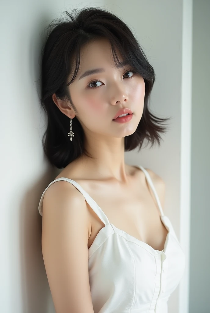 Highest quality、Photographed in natural light、Highly realistic photos、Detailed beautiful face、Japanese women、profile、One person、30-year-old female、Summer clothes、White dress、Half Up Hair、Don't look at the camera、indoor、In front of a white wall、Big Breasts,Chain earrings、whole body、Glossy lips