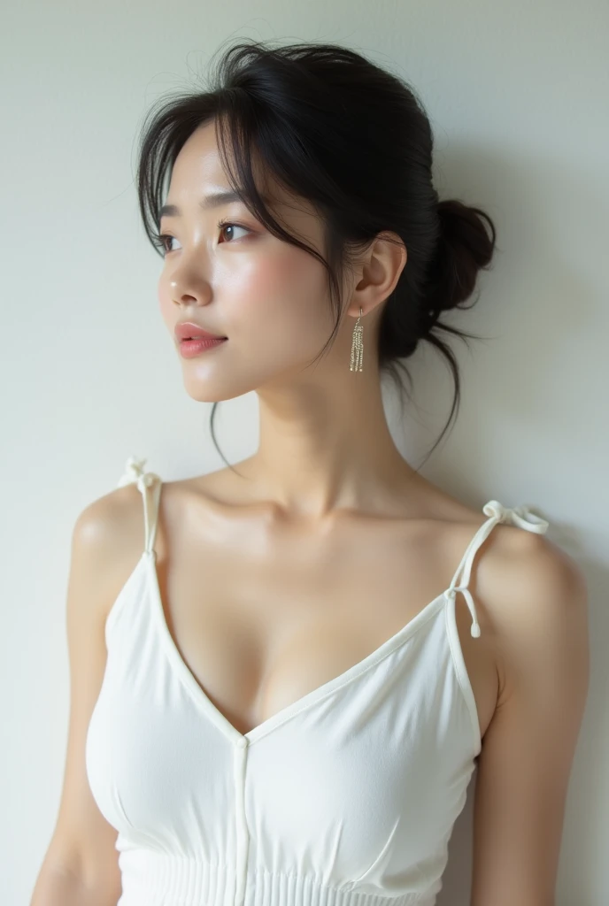 Highest quality、Photographed in natural light、Highly realistic photos、Detailed beautiful face、Japanese women、profile、One person、30-year-old female、Summer clothes、White dress、Half Up Hair、Don't look at the camera、indoor、In front of a white wall、Big Breasts,Chain earrings、whole body、Glossy lips