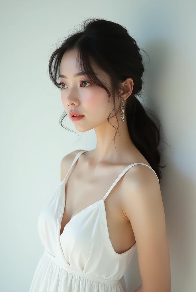 Highest quality、Photographed in natural light、Highly realistic photos、Detailed beautiful face、Japanese women、profile、One person、30-year-old female、Summer clothes、White dress、Half Up Hair、Don't look at the camera、indoor、In front of a white wall、Big Breasts,Chain earrings、whole body、Glossy lips