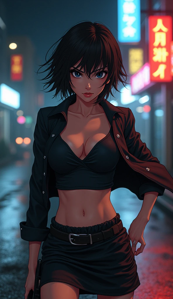 Create a live-action depiction of a female version of Yuusuke Urameshi. She has short, messy black hair and fierce, determined eyes. Her outfit is a modernized, revealing version of her school uniform, featuring a tight-fitting, deep V-neck shirt that accentuates her large chest, paired with a cropped jacket and high-waisted skirt. She has a confident and rebellious expression, with a feminine version of her spirit gun pose.
• Background: A realistic, urban street scene at night in a gritty city, with neon lights reflecting off the wet pavement.