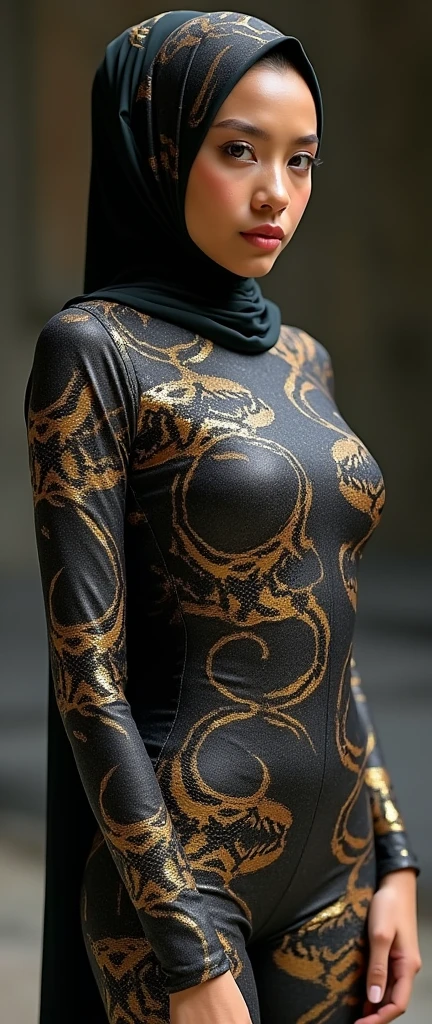 A Malay beauty is wearing a snake-print turtleneck unitard catsuit made of spandex。She wears a snake-patterned Malay hijab made of spandex every day。