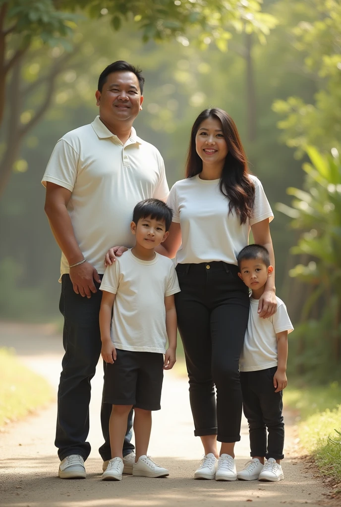 Family, filipino, wearing white shirt, black pants, white shoes, whole body, realistic, not really hd, natural lightings, not edited,