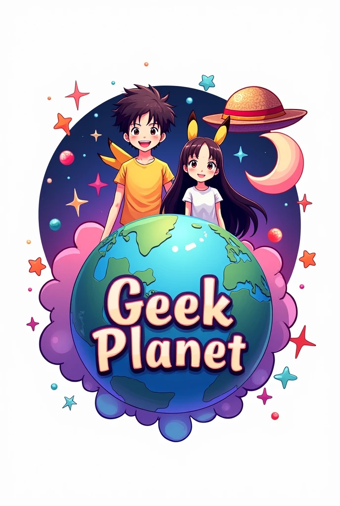 logo con un 🌎 en grande y de fondo, with stars, heart and a crescent moon (Pink and purple colors), en la parte de adelante del 🌎 una pareja anime de un chico de cabello ondulado y la chica de cabello largo negro con playeras y orejas de Pikachu o sombrero de paja (Luffy de one piece) and the name Geek Planet in the middle of the logo (with vivid colors throughout the image) WITH WHITE BACKGROUND