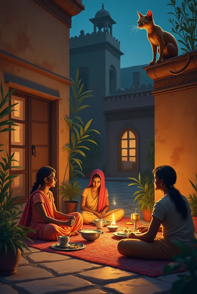 A cat sitting on the wall of an indian tradaitional house with courtyard. Its night time and family is having dinner outside on their beds as usually indians do. The cat is looking at their milk and food to steal for her hunger.
