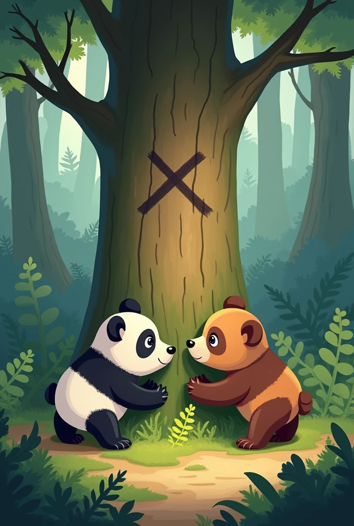 Make a picture of a panda bear and a brown bear where they find a tree with an x marked. The little bears are the same size.
