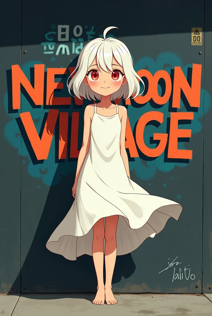 Ghibli style image of a 24 year old albino woman, with short white dress, Red eyes, Long hair, smiling. She also has strong thighs. 


The background of the image is a black wall, with a graffiti that says: New Moon Village