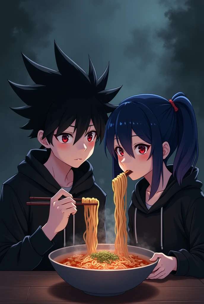 A boy ((( Anime boy , Spiky hair , black hair , black hoodie , blood red eyes , narrowed eye
))) , A girl ((( Anime girl , dark blue hair , modern day mullet hair style , short hair , black hoodie , red eyes , almond eye
))) , dark background , siblings , eating ramen