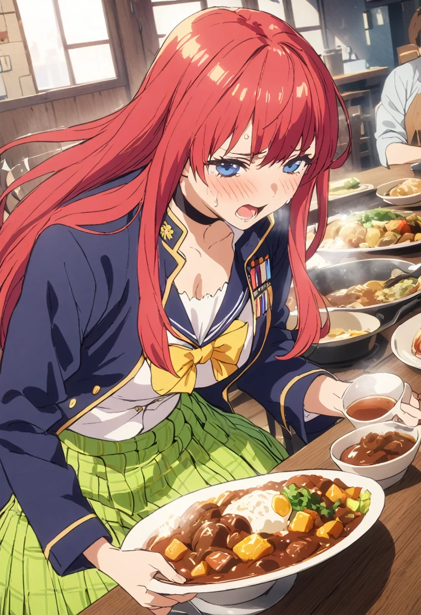 (Highest quality, 4K, 8k, High resolution, masterpiece:1.2), Very detailed, Picturesque, Animated Photography, Photo Animation:1.37)、Japanese schoolgirl、(Red Hair)、(Medium Long Hair)、yellow star hair ornamentuniform、White shirt、Yellow-green checkered skirt、(((Navy blue jacket)))、Curry is a drink、Black choker、storehouse、Ecstasy face、Sweat、Are crying、vapour、trembling、Nakano May