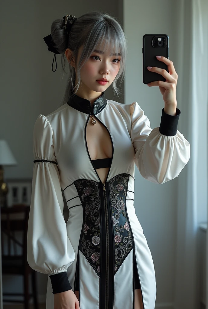 highly detailed, beautiful, hyper Realistic girl, masterpiece, best quality, Japanese sexy gravure woman, 1, identity hidden, takes a selfie in her room using a smartphone in front of a mirror with one hand, fashion model Posing, standing, looking away from the camera, /// gray arranged hair, light color eyes, Realistic skin, Detailed face, /// BREAK Cyber punk taste chinese dress, balloon Sleeves, white and black theme, mandarin collar, intricate patchwork of latex and leather, triangular silhouette skirt, gray, /// Monotone simple modern taste single room, mirror, complicated background